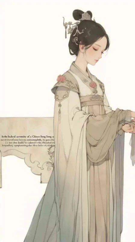 A Chinese Song Dynasty girl,  an emoticon, Li Qingzhao walked with his head down, front facing, with curled hair and silver hairpins, dressed in Song Dynasty clothing,Light brown  Hanfu, cross necked, traditional Chinese ink painting style, minimalism, and ink painting, --cref , -- cw 100 - style1部分