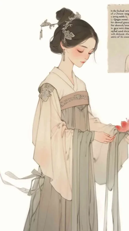 A Chinese Song Dynasty girl,  an emoticon, Li Qingzhao walked with his head down, front facing, with curled hair and silver hairpins, dressed in Song Dynasty clothing,Light brown  Hanfu, cross necked, traditional Chinese ink painting style, minimalism, and ink painting, --cref , -- cw 100 - style3部分