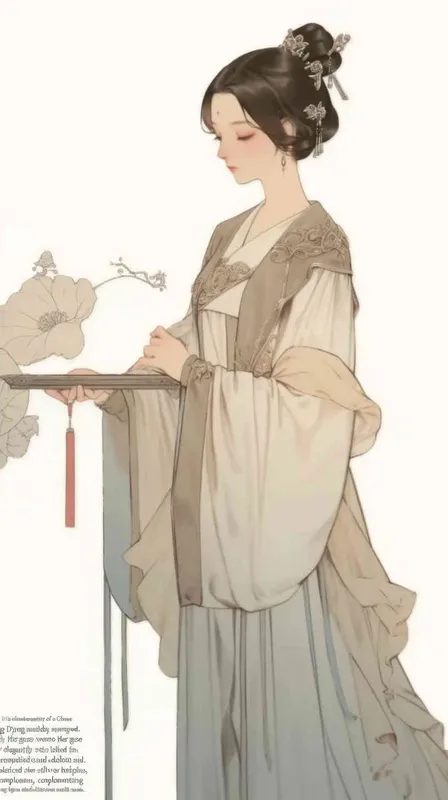A Chinese Song Dynasty girl,  an emoticon, Li Qingzhao walked with his head down, front facing, with curled hair and silver hairpins, dressed in Song Dynasty clothing,Light brown  Hanfu, cross necked, traditional Chinese ink painting style, minimalism, and ink painting, --cref , -- cw 100 - style4部分