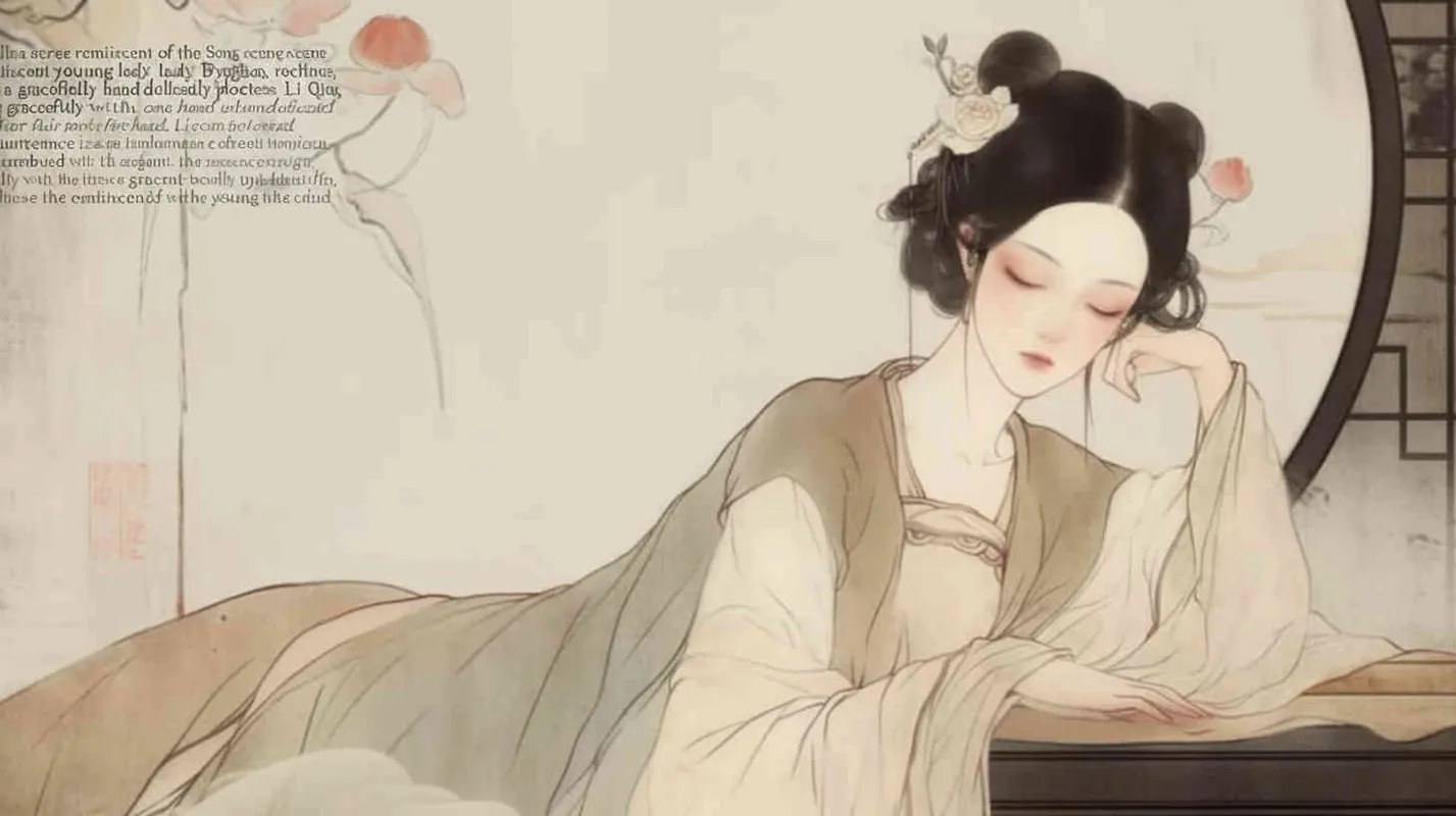 A Chinese Song Dynasty girl,  an emoticon, Li Qingzhao lay down, holding her forehead with her hand， front facing, with curled hair and silver hairpins, dressed in Song Dynasty clothing,Light brown  Hanfu, cross necked, traditional Chinese ink painting style, minimalism, and ink painting - style1部分