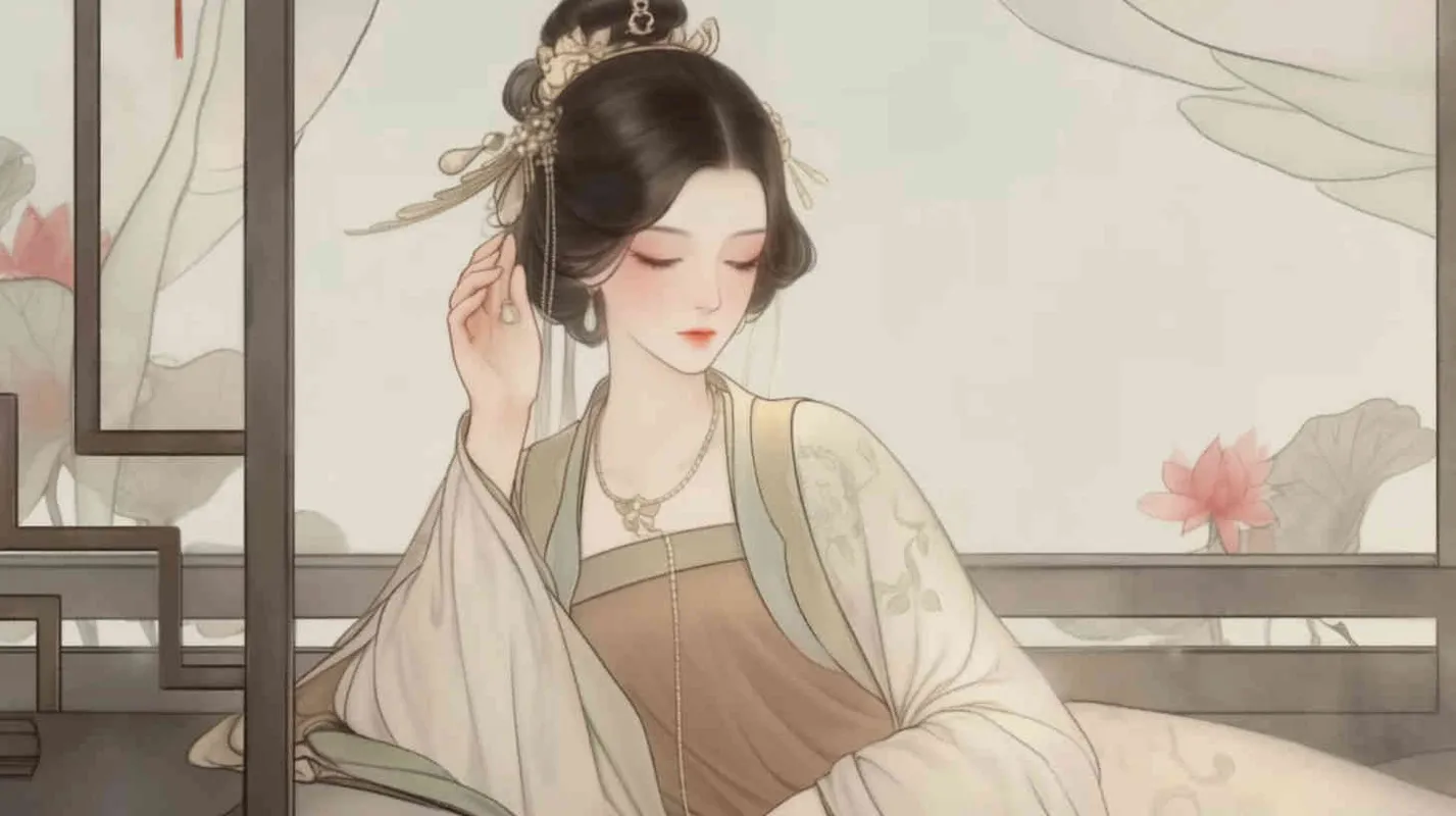 A Chinese Song Dynasty girl,  an emoticon, Li Qingzhao lay down, holding her forehead with her hand， front facing, with curled hair and silver hairpins, dressed in Song Dynasty clothing,Light brown  Hanfu, cross necked, traditional Chinese ink painting style, minimalism, and ink painting - style3部分