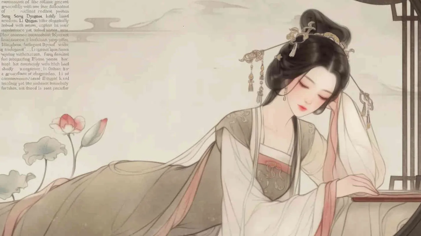 A Chinese Song Dynasty girl,  an emoticon, Li Qingzhao lay down, holding her forehead with her hand， front facing, with curled hair and silver hairpins, dressed in Song Dynasty clothing,Light brown  Hanfu, cross necked, traditional Chinese ink painting style, minimalism, and ink painting - style4部分