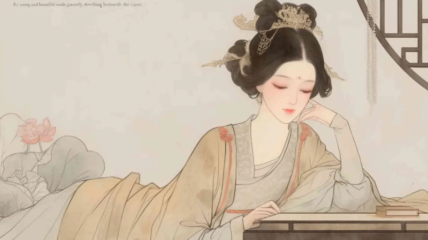 A Chinese Song Dynasty girl,  an emoticon, Li Qingzhao lay down, holding her forehead with her hand， front facing, with curled hair and silver hairpins, dressed in Song Dynasty clothing,Light brown  Hanfu, cross necked, traditional Chinese ink painting style, minimalism, and ink painting, - style1部分