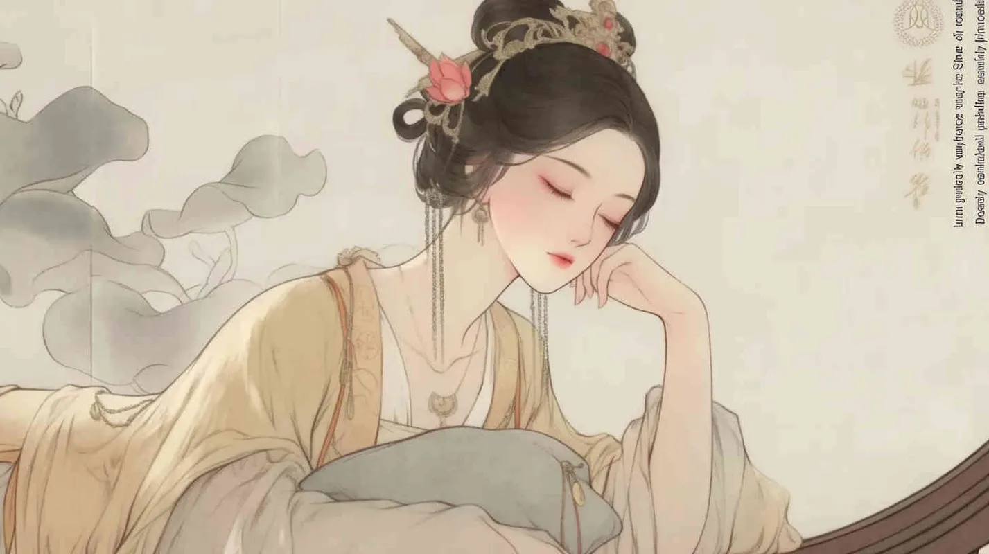 A Chinese Song Dynasty girl,  an emoticon, Li Qingzhao lay down, holding her forehead with her hand， front facing, with curled hair and silver hairpins, dressed in Song Dynasty clothing,Light brown  Hanfu, cross necked, traditional Chinese ink painting style, minimalism, and ink painting, - style2部分