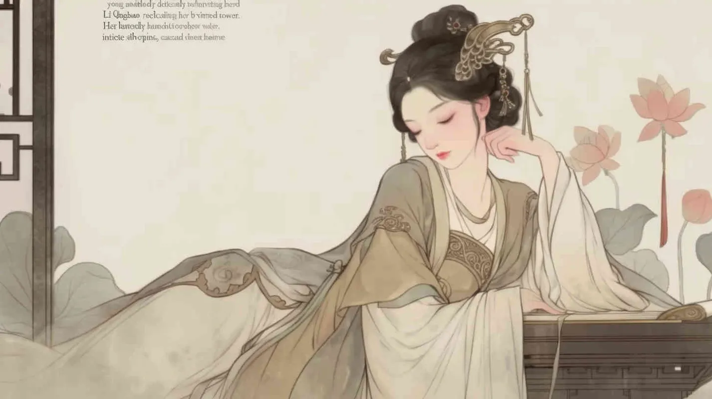 A Chinese Song Dynasty girl,  an emoticon, Li Qingzhao lay down, holding her forehead with her hand， front facing, with curled hair and silver hairpins, dressed in Song Dynasty clothing,Light brown  Hanfu, cross necked, traditional Chinese ink painting style, minimalism, and ink painting, - style3部分