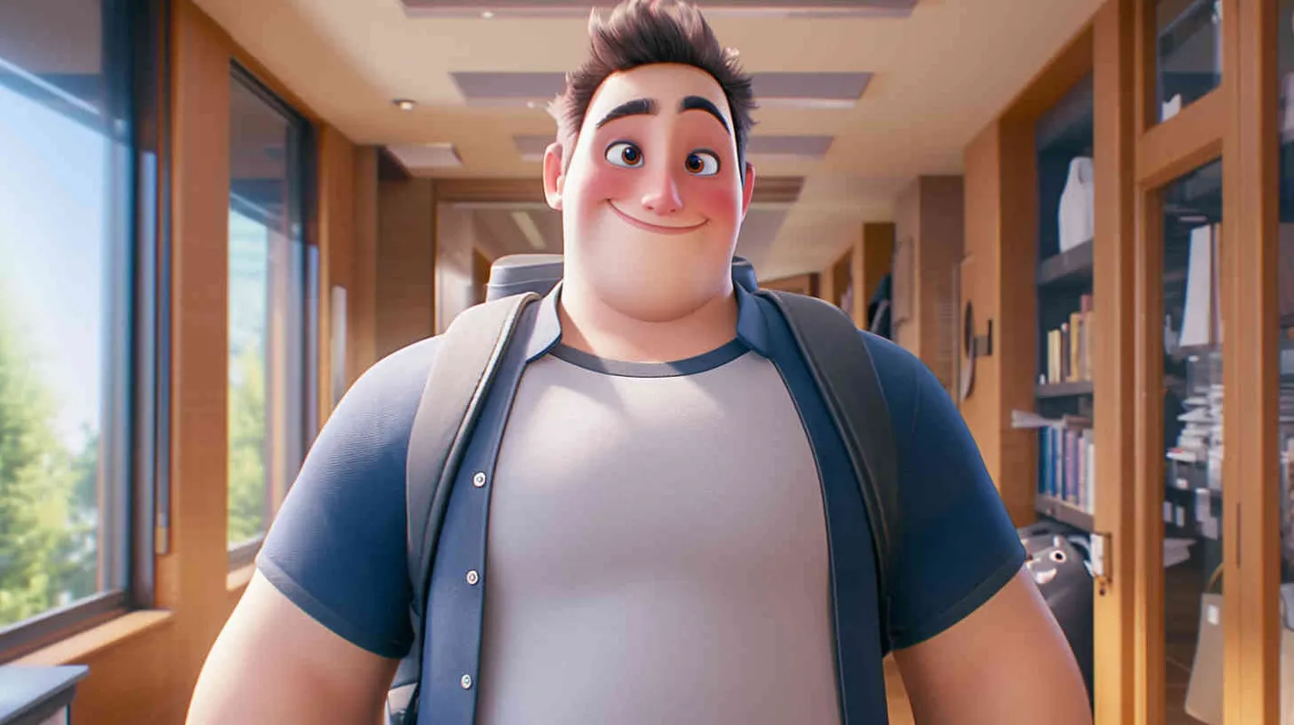 Pixar style, Disney Style, 3D design, C4D modeling,A 30-year-old man, an ordinary office worker, with large eyes that convey a sense of curiosity and enthusiasm. Slightly chubby but not overweight, with a roundish figure. Brown hair, slightly messy, giving off an approachable and humorous vibe. He wears simple and plain clothing, possibly a T-shirt and jeans, with an old-fashioned backpack slung over his shoulder., LivelyAtmosphere, Blender, OC Renderer, High Detail, High Quality - AI绘画作品展示 | Midjourney中文版生成