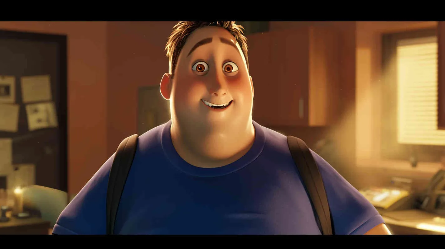 Pixar style, Disney Style, 3D design, C4D modeling,A 30-year-old man, an ordinary office worker, with large eyes that convey a sense of curiosity and enthusiasm. Slightly chubby but not overweight, with a roundish figure. Brown hair, slightly messy, giving off an approachable and humorous vibe. He wears simple and plain clothing, possibly a T-shirt and jeans, with an old-fashioned backpack slung over his shoulder., LivelyAtmosphere, Blender, OC Renderer, High Detail, High Quality - AI绘画作品展示 | Midjourney中文版生成