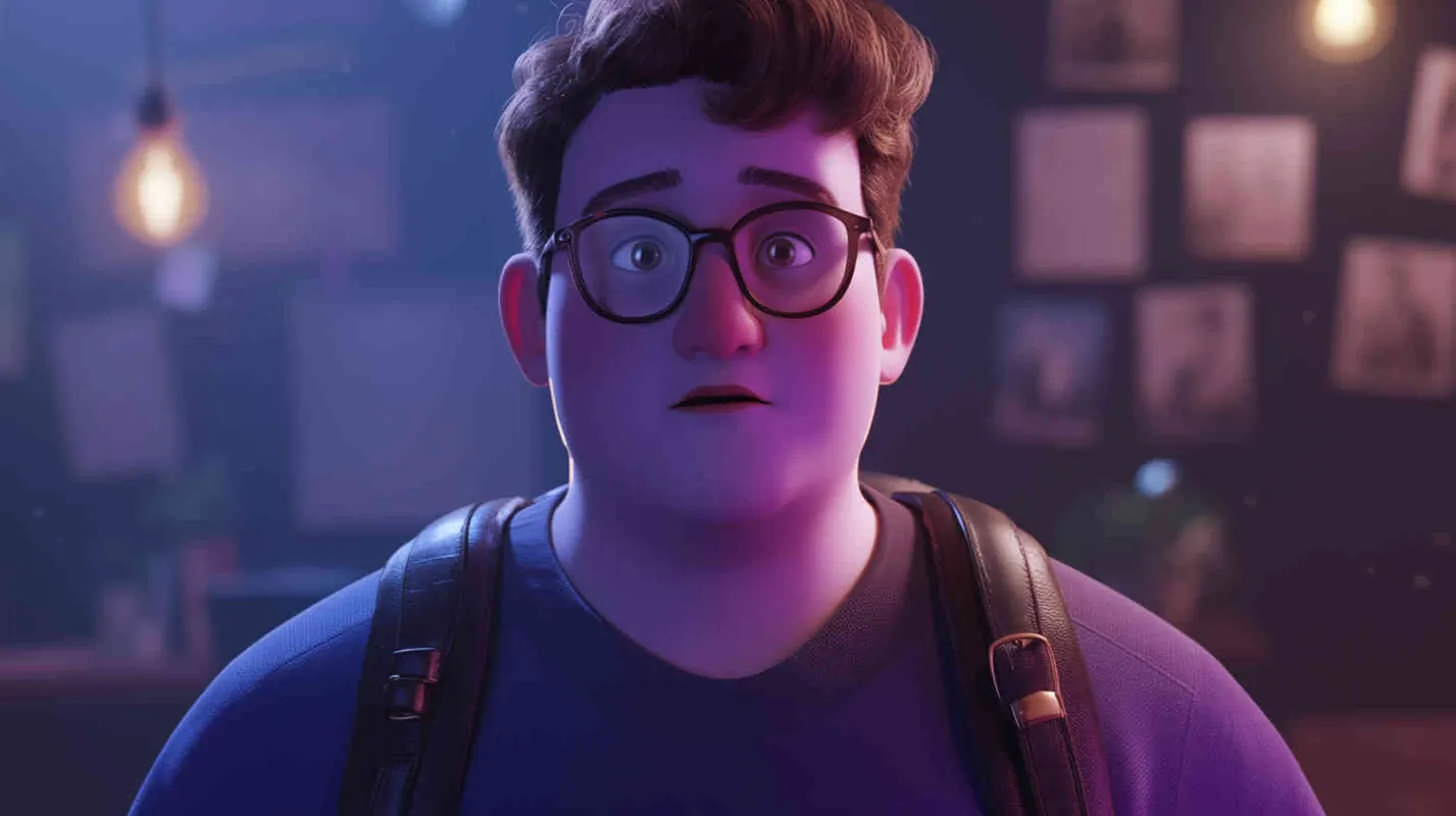 Pixar style, Disney Style, 3D design, C4D modeling,A 30-year-old man, an ordinary office worker, with large eyes that convey a sense of curiosity and enthusiasm. Slightly chubby but not overweight, with a roundish figure. Brown hair, slightly messy, giving off an approachable and humorous vibe. He wears simple and plain clothing, possibly a T-shirt and jeans, with an old-fashioned backpack slung over his shoulder., LivelyAtmosphere, Blender, OC Renderer, High Detail, High Quality - AI绘画作品展示 | Midjourney中文版生成