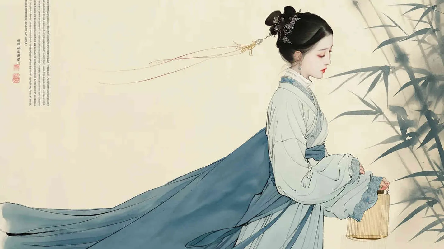 A rolling curtain maid from the Song Dynasty, rolling a bamboo curtain on her side, with a split head and tied her hair in a bun，dressed in Song Dynasty clothing,Light blue Hanfu,  traditional Chinese ink painting style, minimalism, and ink painting, side view - style1部分