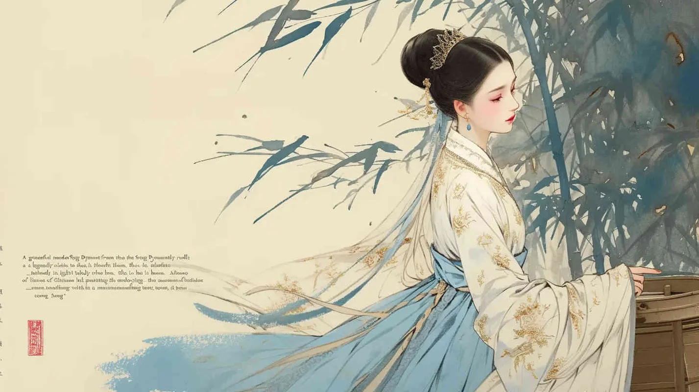 A rolling curtain maid from the Song Dynasty, rolling a bamboo curtain on her side, with a split head and tied her hair in a bun，dressed in Song Dynasty clothing,Light blue Hanfu,  traditional Chinese ink painting style, minimalism, and ink painting, side view - style2部分