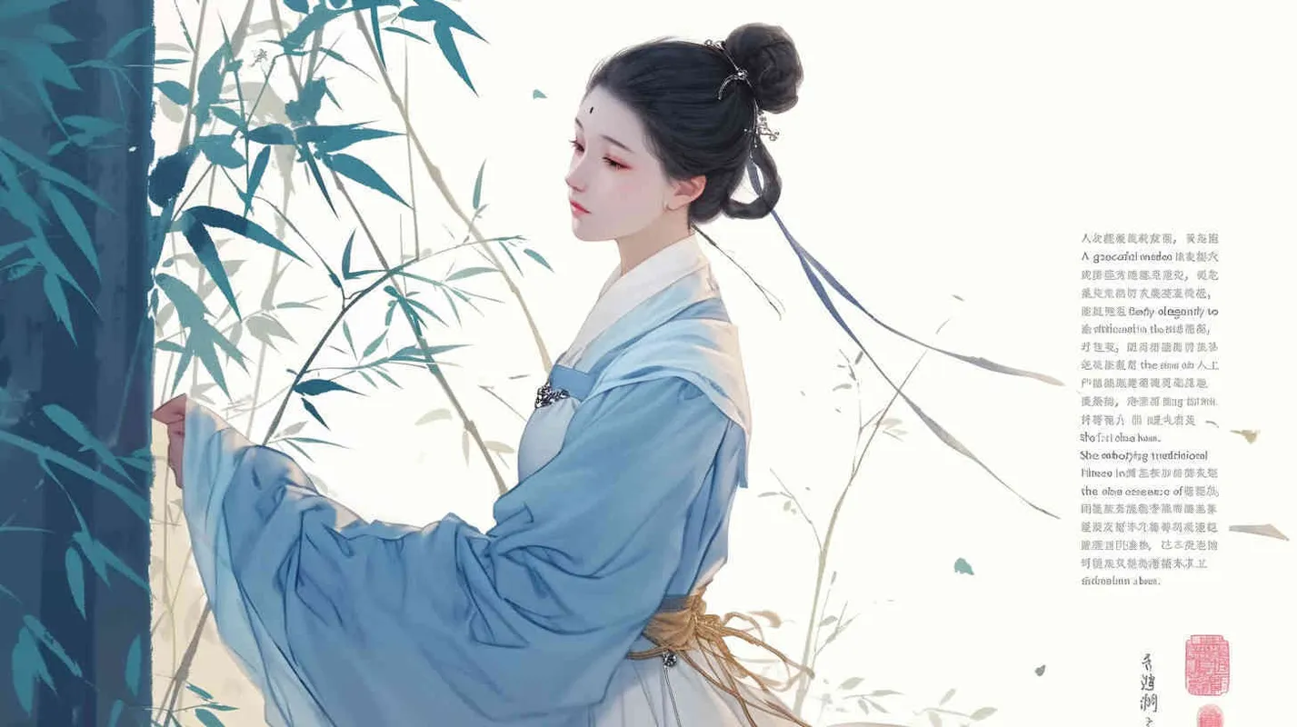 A rolling curtain maid from the Song Dynasty, rolling a bamboo curtain on her side, with a split head and tied her hair in a bun，dressed in Song Dynasty clothing,Light blue Hanfu,  traditional Chinese ink painting style, minimalism, and ink painting, side view - style3部分