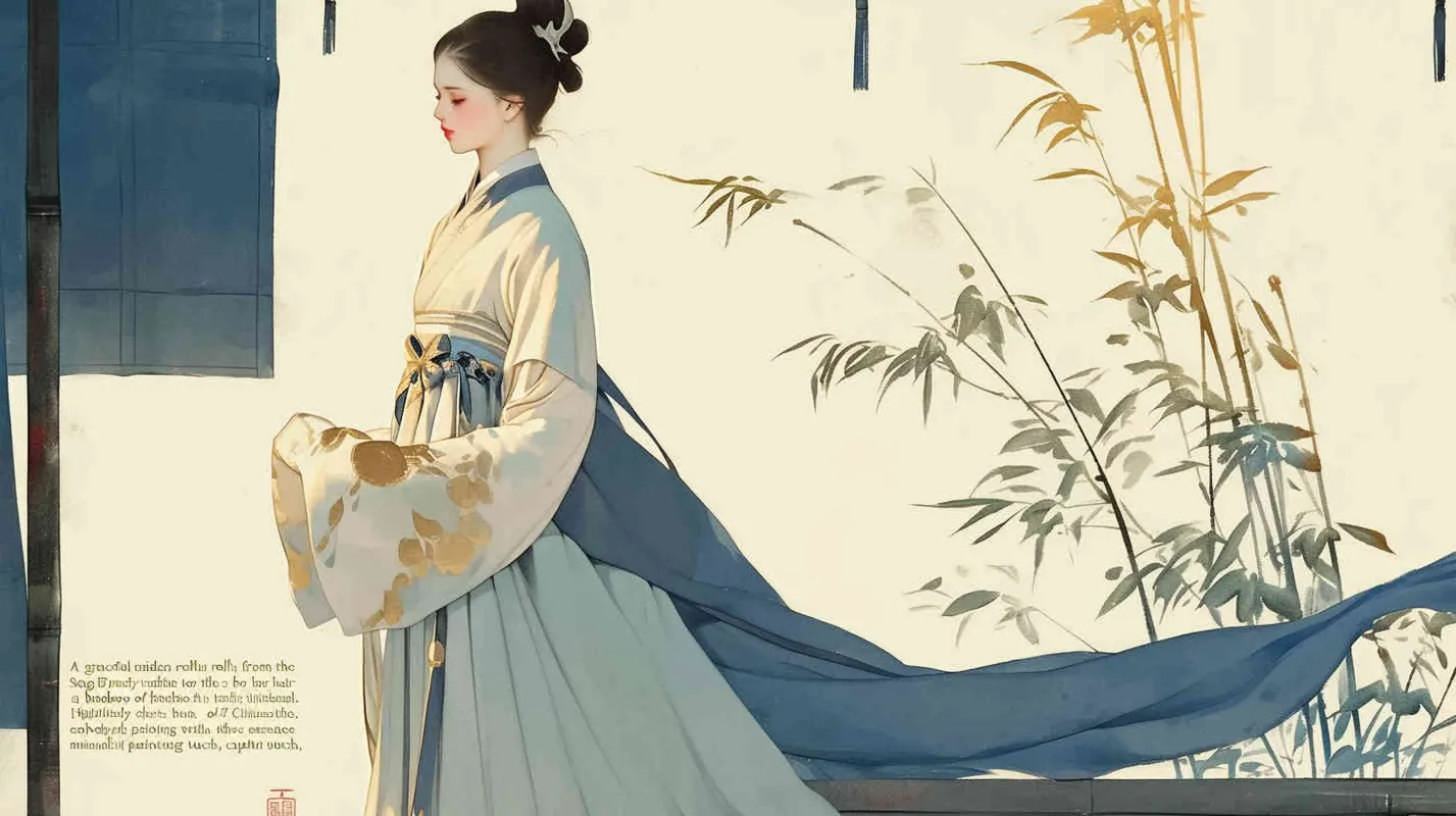 A rolling curtain maid from the Song Dynasty, rolling a bamboo curtain on her side, with a split head and tied her hair in a bun，dressed in Song Dynasty clothing,Light blue Hanfu,  traditional Chinese ink painting style, minimalism, and ink painting, side view - style4部分