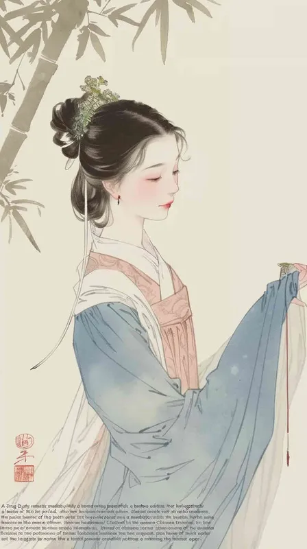 A rolling curtain maid from the Song Dynasty, rolling a bamboo curtain on her side, with a split head and tied her hair in a bun，dressed in Song Dynasty clothing,Light blue Hanfu,  traditional Chinese ink painting style, minimalism, and ink painting, - style2部分