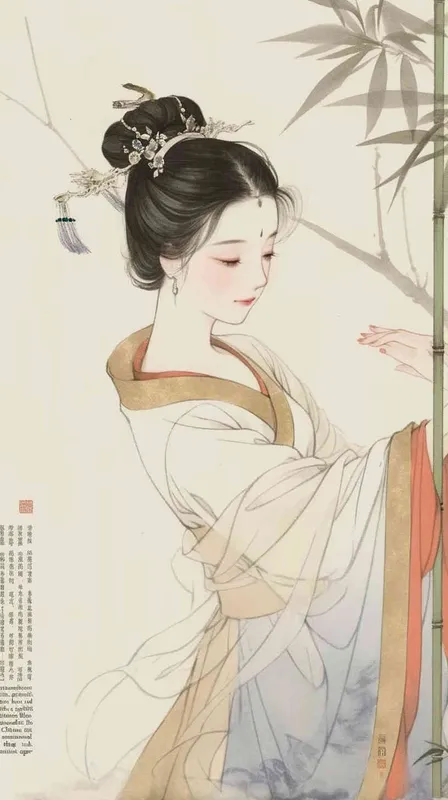 A rolling curtain maid from the Song Dynasty, rolling a bamboo curtain on her side, with a split head and tied her hair in a bun，dressed in Song Dynasty clothing,Light blue Hanfu,  traditional Chinese ink painting style, minimalism, and ink painting, - style3部分