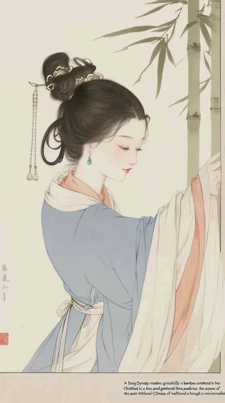 A rolling curtain maid from the Song Dynasty, rolling a bamboo curtain on her side, with a split head and tied her hair in a bun，dressed in Song Dynasty clothing,Light blue Hanfu,  traditional Chinese ink painting style, minimalism, and ink painting, - style4部分