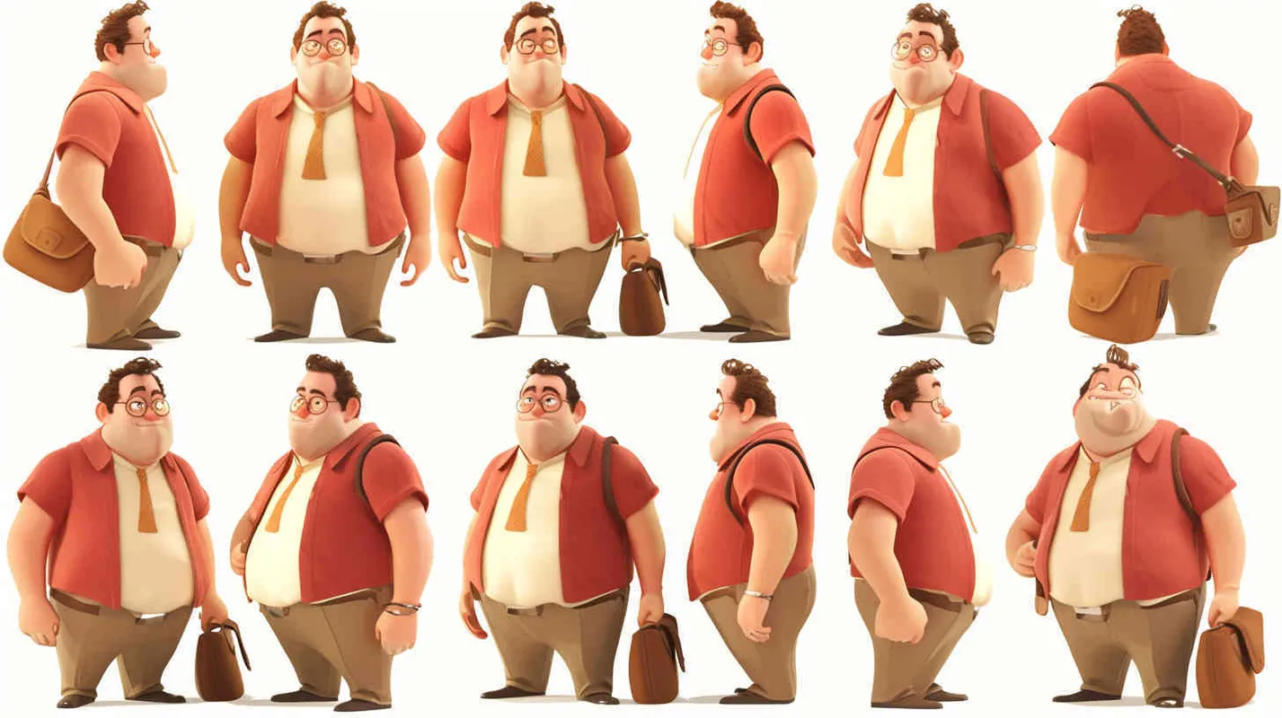 Pixar style, Disney Style, 3D design, C4D modeling, A 30-year-old man, an ordinary office worker, with large eyes that convey a sense of curiosity and enthusiasm. Slightly chubby but not overweight, with a roundish figure. Brown hair, slightly messy, giving off an approachable and humorous vibe. He wears simple and plain clothing, possibly a T-shirt and jeans, with an old-fashioned backpack slung over his shoulder,white background，character sheet , different expressions and poses，Bright Colors, LivelyAtmosphere, Blender, OC Renderer, High Detail, High Quality--Cref https://mj.nineai.chat/attachments/1222056447093768206/1224301762215809074/5501443_A_30-year-old_gentleman_an_unassuming_employee_possesse_26f6f834-e3d1-44b2-923c-b3225052f8c9.png?ex=661cfede&is=660a89de&hm=19fef75bdcd6f50ee11a9bce8cedcf9aede01e2732e69017c7e4cdd9a4d500ad& --cw 100
 - style2部分