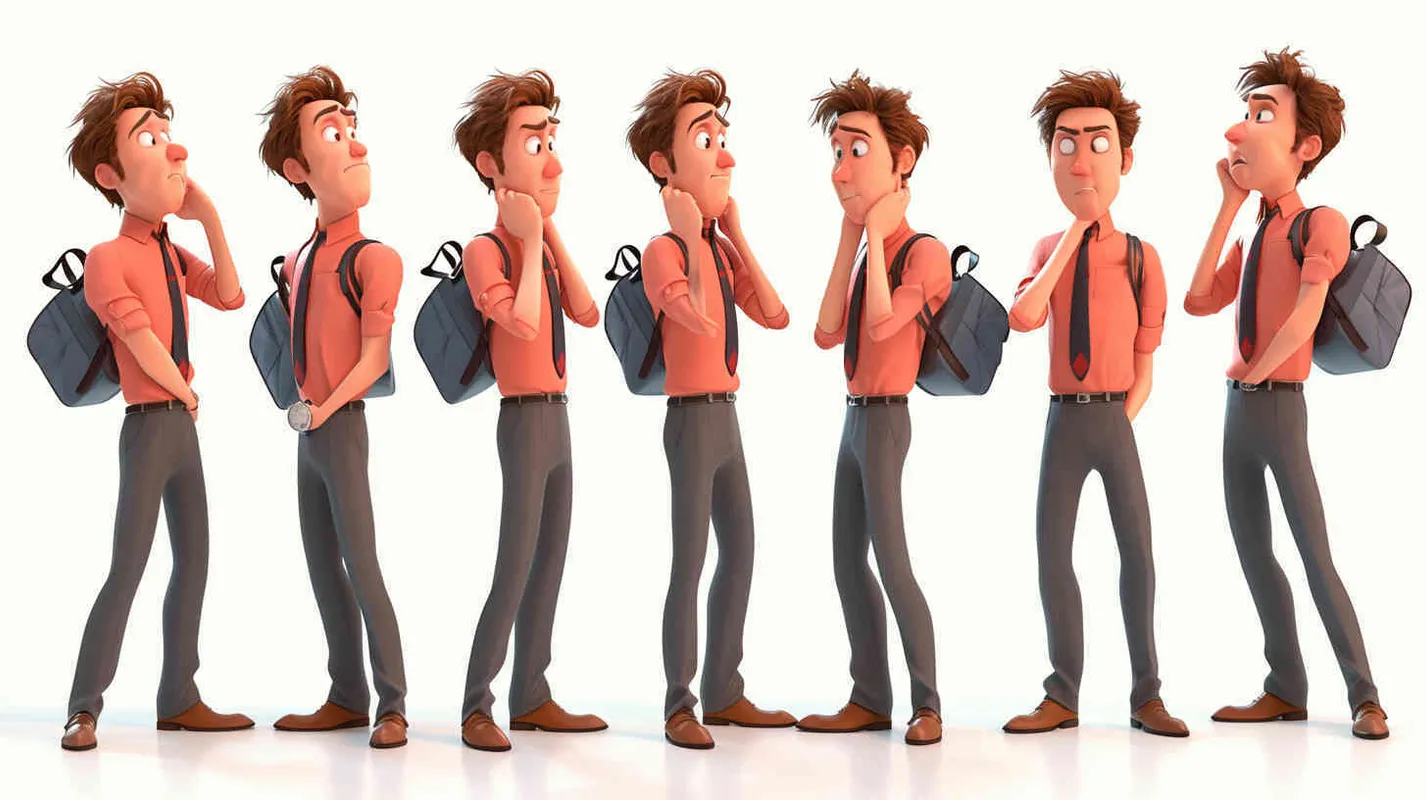 Pixar style, Disney Style, 3D design, C4D modeling, A 30-year-old man, an ordinary office worker, with large eyes that convey a sense of curiosity and enthusiasm. Slightly chubby but not overweight, with a roundish figure. Brown hair, slightly messy, giving off an approachable and humorous vibe. He wears simple and plain clothing, possibly a T-shirt and jeans, with an old-fashioned backpack slung over his shoulder,white background，character sheet , different expressions and poses，Bright Colors, LivelyAtmosphere, Blender, OC Renderer, High Detail, High Quality--Cref https://mj.nineai.chat/attachments/1222056447093768206/1224301762215809074/5501443_A_30-year-old_gentleman_an_unassuming_employee_possesse_26f6f834-e3d1-44b2-923c-b3225052f8c9.png?ex=661cfede&is=660a89de&hm=19fef75bdcd6f50ee11a9bce8cedcf9aede01e2732e69017c7e4cdd9a4d500ad& --cw 100
 - style4部分