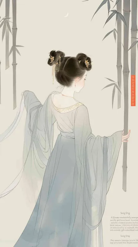 A rolling curtain maid from the Song Dynasty, with a back figure, a bamboo curtain rolled up, a split head tied in a bun on both sides of her hair, dressed in Song Dynasty clothing, light blue Hanfu, traditional Chinese ink painting style, minimalism, and ink painting,back view - style1部分