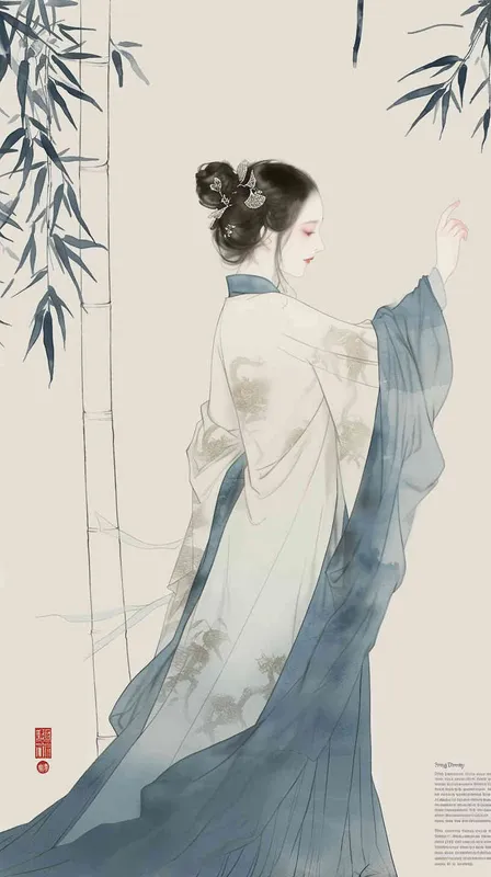 A rolling curtain maid from the Song Dynasty, with a back figure, a bamboo curtain rolled up, a split head tied in a bun on both sides of her hair, dressed in Song Dynasty clothing, light blue Hanfu, traditional Chinese ink painting style, minimalism, and ink painting,back view - style2部分