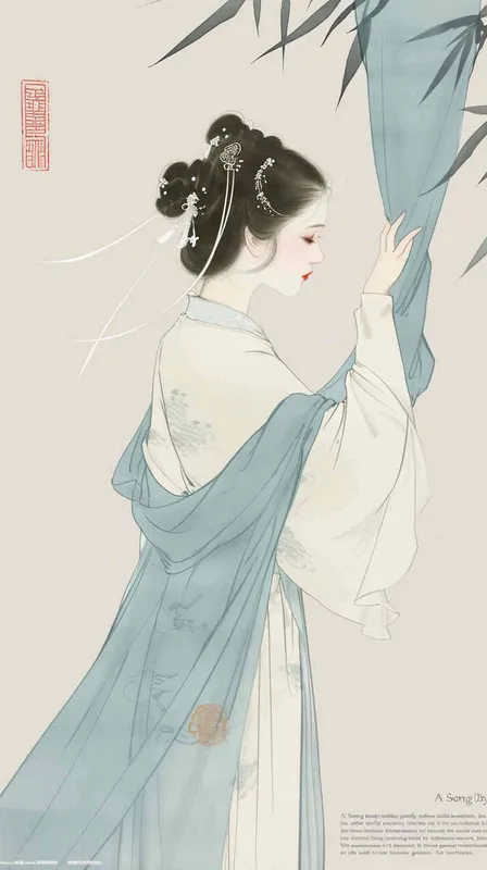 A rolling curtain maid from the Song Dynasty, with a back figure, a bamboo curtain rolled up, a split head tied in a bun on both sides of her hair, dressed in Song Dynasty clothing, light blue Hanfu, traditional Chinese ink painting style, minimalism, and ink painting,back view - style4部分