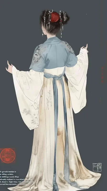A rolling curtain maid from the Song Dynasty, with a back figure, two hands lifted to roll up the curtain, her split head tied into a bun on both sides of her hair, dressed in Song Dynasty clothing, light blue Hanfu, and red headbands,  traditional Chinese ink painting style, minimalism, and ink painting,back view - style1部分
