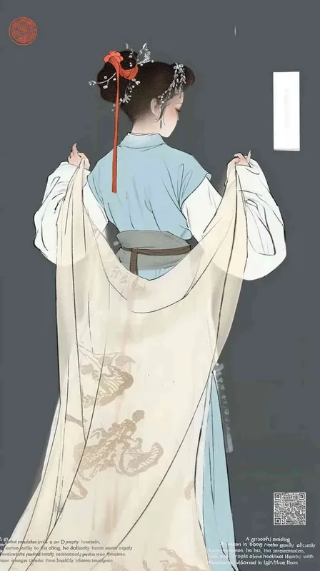 A rolling curtain maid from the Song Dynasty, with a back figure, two hands lifted to roll up the curtain, her split head tied into a bun on both sides of her hair, dressed in Song Dynasty clothing, light blue Hanfu, and red headbands,  traditional Chinese ink painting style, minimalism, and ink painting,back view - style2部分