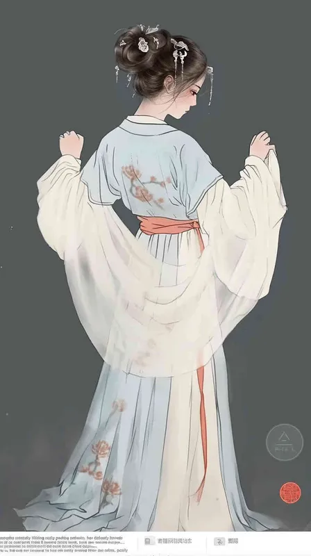 A rolling curtain maid from the Song Dynasty, with a back figure, two hands lifted to roll up the curtain, her split head tied into a bun on both sides of her hair, dressed in Song Dynasty clothing, light blue Hanfu, and red headbands,  traditional Chinese ink painting style, minimalism, and ink painting,back view - style3部分