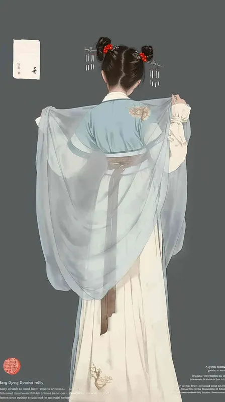 A rolling curtain maid from the Song Dynasty, with a back figure, two hands lifted to roll up the curtain, her split head tied into a bun on both sides of her hair, dressed in Song Dynasty clothing, light blue Hanfu, and red headbands,  traditional Chinese ink painting style, minimalism, and ink painting,back view - style4部分