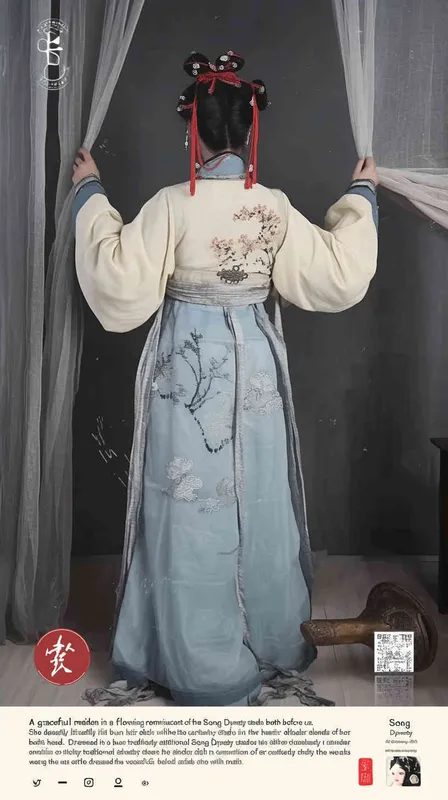 A rolling curtain maid from the Song Dynasty, with a back figure, two hands lifted to roll up the curtain, her split head tied into a bun on both sides of her hair, dressed in Song Dynasty clothing, light blue Hanfu, and red headbands,  traditional Chinese ink painting style, minimalism, and ink painting,back view - style2部分