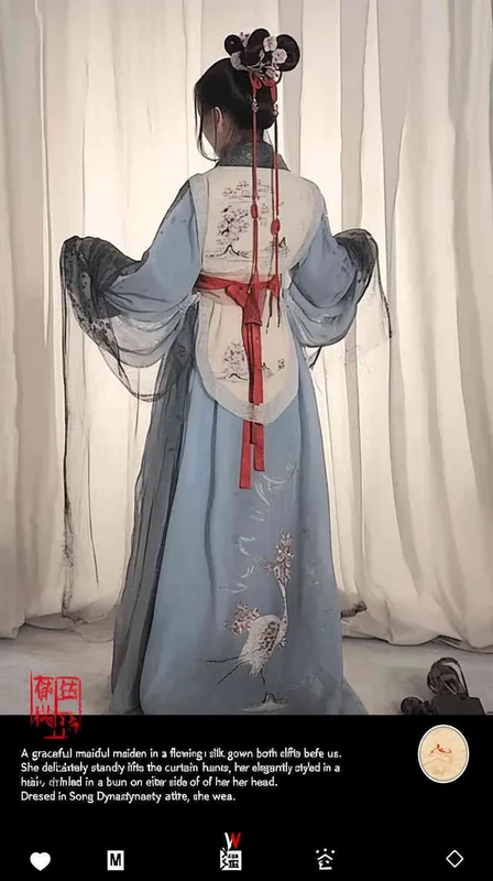 A rolling curtain maid from the Song Dynasty, with a back figure, two hands lifted to roll up the curtain, her split head tied into a bun on both sides of her hair, dressed in Song Dynasty clothing, light blue Hanfu, and red headbands,  traditional Chinese ink painting style, minimalism, and ink painting,back view - style3部分