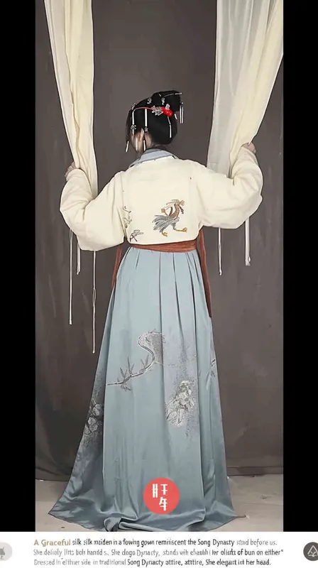 A rolling curtain maid from the Song Dynasty, with a back figure, two hands lifted to roll up the curtain, her split head tied into a bun on both sides of her hair, dressed in Song Dynasty clothing, light blue Hanfu, and red headbands,  traditional Chinese ink painting style, minimalism, and ink painting,back view - style4部分