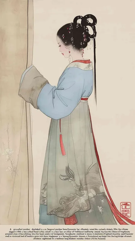 A rolling curtain maid from the Song Dynasty, with a back figure, two hands lifted to roll up the curtain, her split head tied into a bun on both sides of her hair, dressed in Song Dynasty clothing, light blue Hanfu, and red headbands,  traditional Chinese ink painting style, minimalism, and ink painting,back view - style1部分