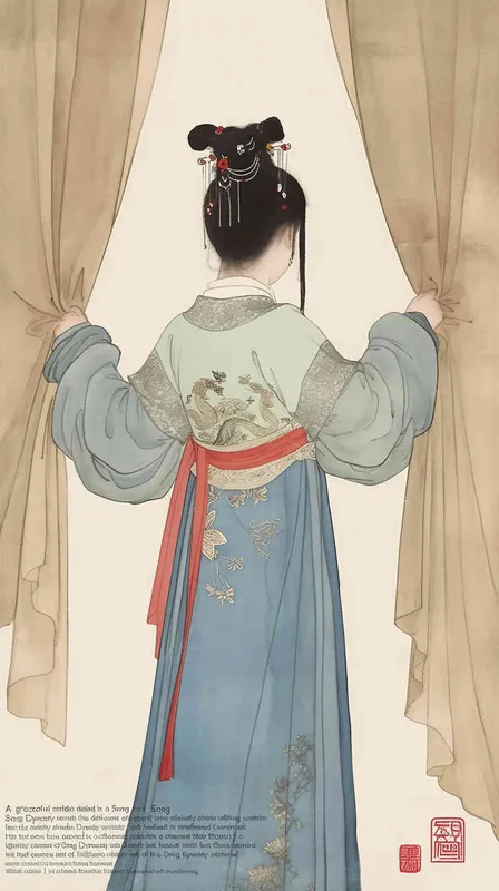 A rolling curtain maid from the Song Dynasty, with a back figure, two hands lifted to roll up the curtain, her split head tied into a bun on both sides of her hair, dressed in Song Dynasty clothing, light blue Hanfu, and red headbands,  traditional Chinese ink painting style, minimalism, and ink painting,back view - style2部分