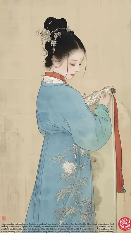 A rolling curtain maid from the Song Dynasty, with a back figure, two hands lifted to roll up the curtain, her split head tied into a bun on both sides of her hair, dressed in Song Dynasty clothing, light blue Hanfu, and red headbands,  traditional Chinese ink painting style, minimalism, and ink painting,back view - style3部分
