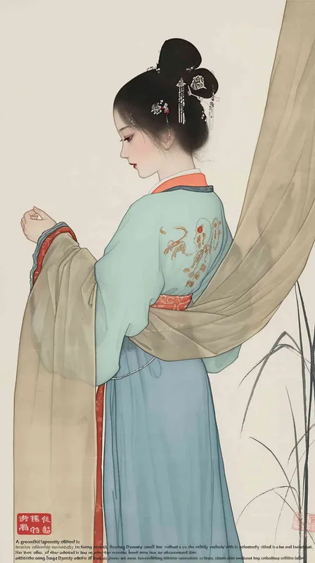 A rolling curtain maid from the Song Dynasty, with a back figure, two hands lifted to roll up the curtain, her split head tied into a bun on both sides of her hair, dressed in Song Dynasty clothing, light blue Hanfu, and red headbands,  traditional Chinese ink painting style, minimalism, and ink painting,back view - style4部分