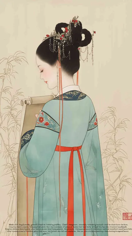 Song Dynasty maids holding scrolls, standing sideways，her split head tied into a bun on both sides of her hair, dressed in Song Dynasty clothing, light blue Hanfu, and red headbands,  traditional Chinese ink painting style, minimalism, and ink painting,back view - style1部分