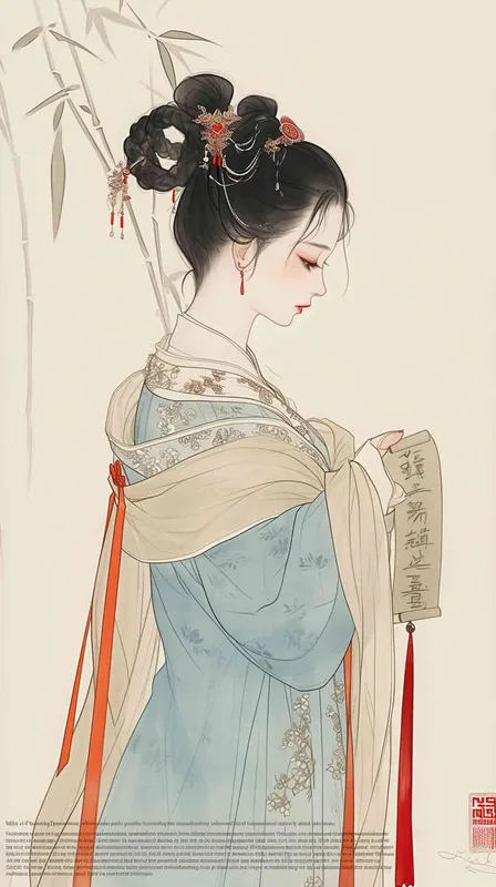 Song Dynasty maids holding scrolls, standing sideways，her split head tied into a bun on both sides of her hair, dressed in Song Dynasty clothing, light blue Hanfu, and red headbands,  traditional Chinese ink painting style, minimalism, and ink painting,back view - style2部分