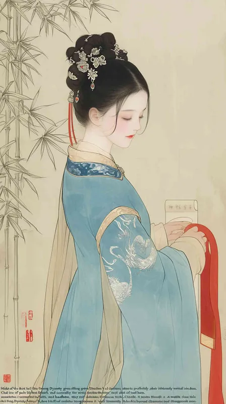 Song Dynasty maids holding scrolls, standing sideways，her split head tied into a bun on both sides of her hair, dressed in Song Dynasty clothing, light blue Hanfu, and red headbands,  traditional Chinese ink painting style, minimalism, and ink painting,back view - style3部分