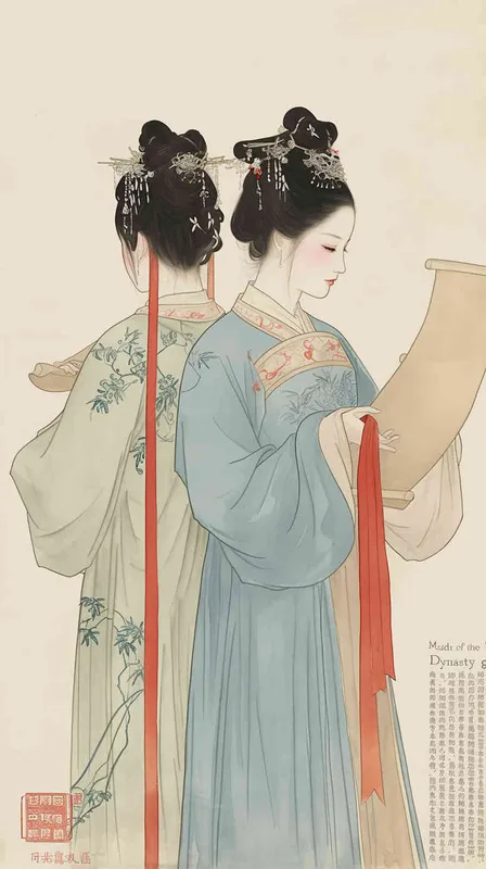 Song Dynasty maids holding scrolls, standing sideways，her split head tied into a bun on both sides of her hair, dressed in Song Dynasty clothing, light blue Hanfu, and red headbands,  traditional Chinese ink painting style, minimalism, and ink painting,back view - style4部分