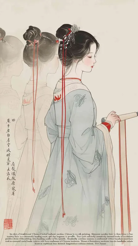 Song Dynasty maids holding scrolls, standing sideways，her split head tied into a bun on both sides of her hair, dressed in Song Dynasty clothing, light blue Hanfu, and red headbands,  traditional Chinese ink painting style, minimalism, and ink painting,back view – AI绘画作品展示 | Midjourney中文版生成