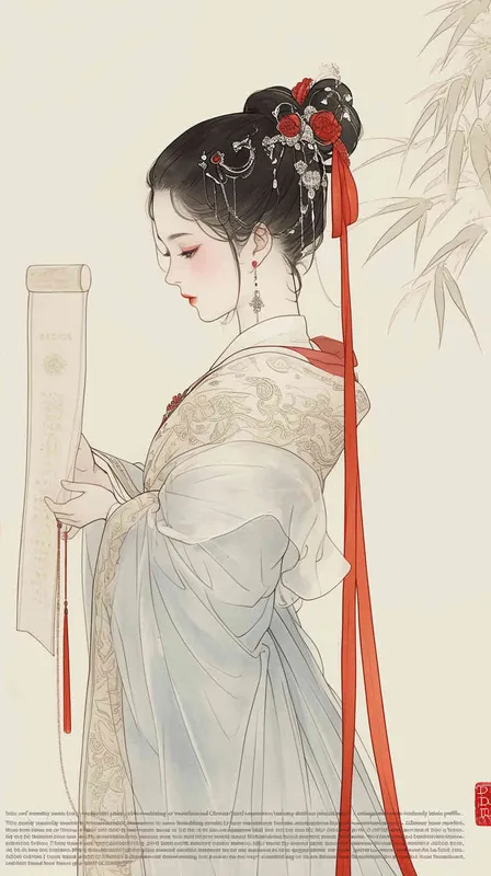 Song Dynasty maids holding scrolls, standing sideways，her split head tied into a bun on both sides of her hair, dressed in Song Dynasty clothing, light blue Hanfu, and red headbands,  traditional Chinese ink painting style, minimalism, and ink painting,back view - style2部分