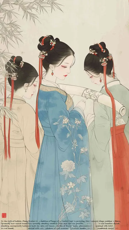 Song Dynasty maids holding scrolls, standing sideways，her split head tied into a bun on both sides of her hair, dressed in Song Dynasty clothing, light blue Hanfu, and red headbands,  traditional Chinese ink painting style, minimalism, and ink painting,back view - style3部分