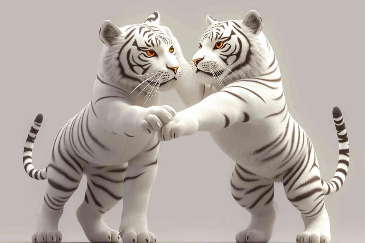 Two standing white tigers, one male tiger and one female tiger, The male tiger extends its paws to touch the female tiger's belly, while the female tiger lifts both hands up, white background, natural light, 8K, best picture quality, super detail, 3D, C4D, Blender, OC renderer, ultra-high definition, 3D rendering  - style1部分