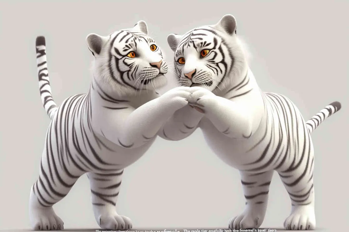 Two standing white tigers, one male tiger and one female tiger, The male tiger extends its paws to touch the female tiger's belly, while the female tiger lifts both hands up, white background, natural light, 8K, best picture quality, super detail, 3D, C4D, Blender, OC renderer, ultra-high definition, 3D rendering  - style2部分