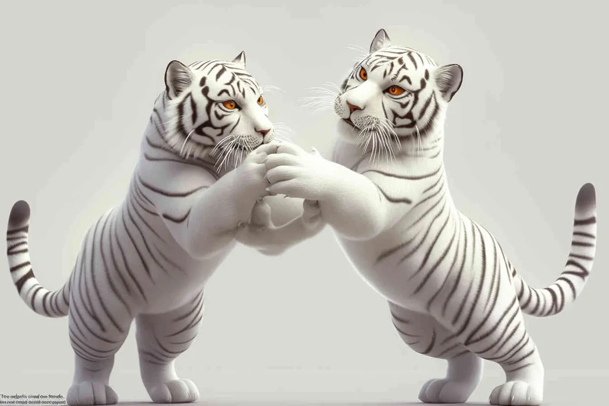 Two standing white tigers, one male tiger and one female tiger, The male tiger extends its paws to touch the female tiger's belly, while the female tiger lifts both hands up, white background, natural light, 8K, best picture quality, super detail, 3D, C4D, Blender, OC renderer, ultra-high definition, 3D rendering  - style3部分