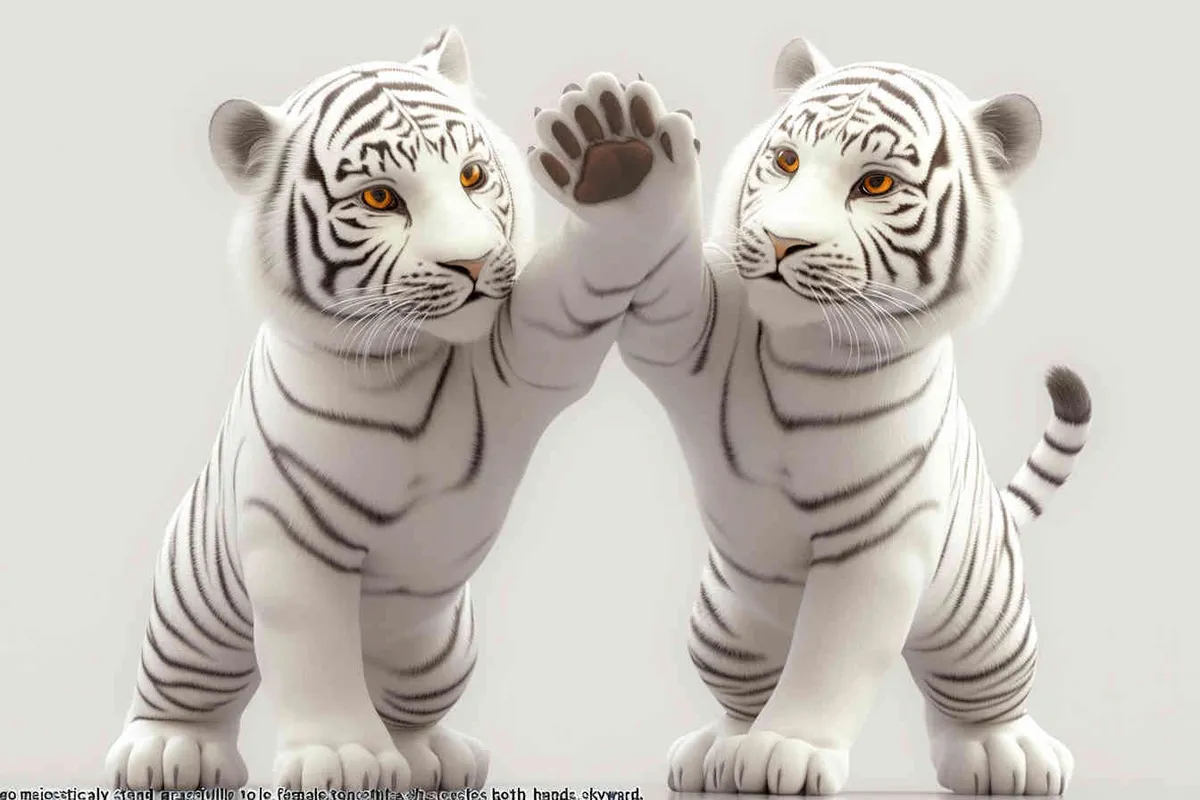 Two standing white tigers, one male tiger and one female tiger, The male tiger extends its paws to touch the female tiger's belly, while the female tiger lifts both hands up, white background, natural light, 8K, best picture quality, super detail, 3D, C4D, Blender, OC renderer, ultra-high definition, 3D rendering  - style4部分