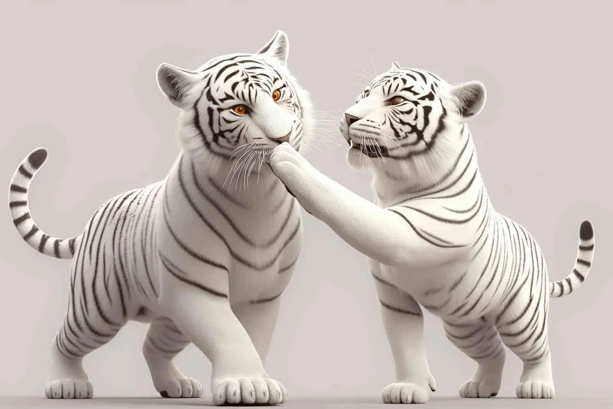 Two standing white tigers, one male tiger and one female tiger, The male tiger extends its paws to touch the female tiger's belly, while the female tiger lifts both hands up, white background, natural light, 8K, best picture quality, super detail, 3D, C4D, Blender, OC renderer, ultra-high definition, 3D rendering - style1部分