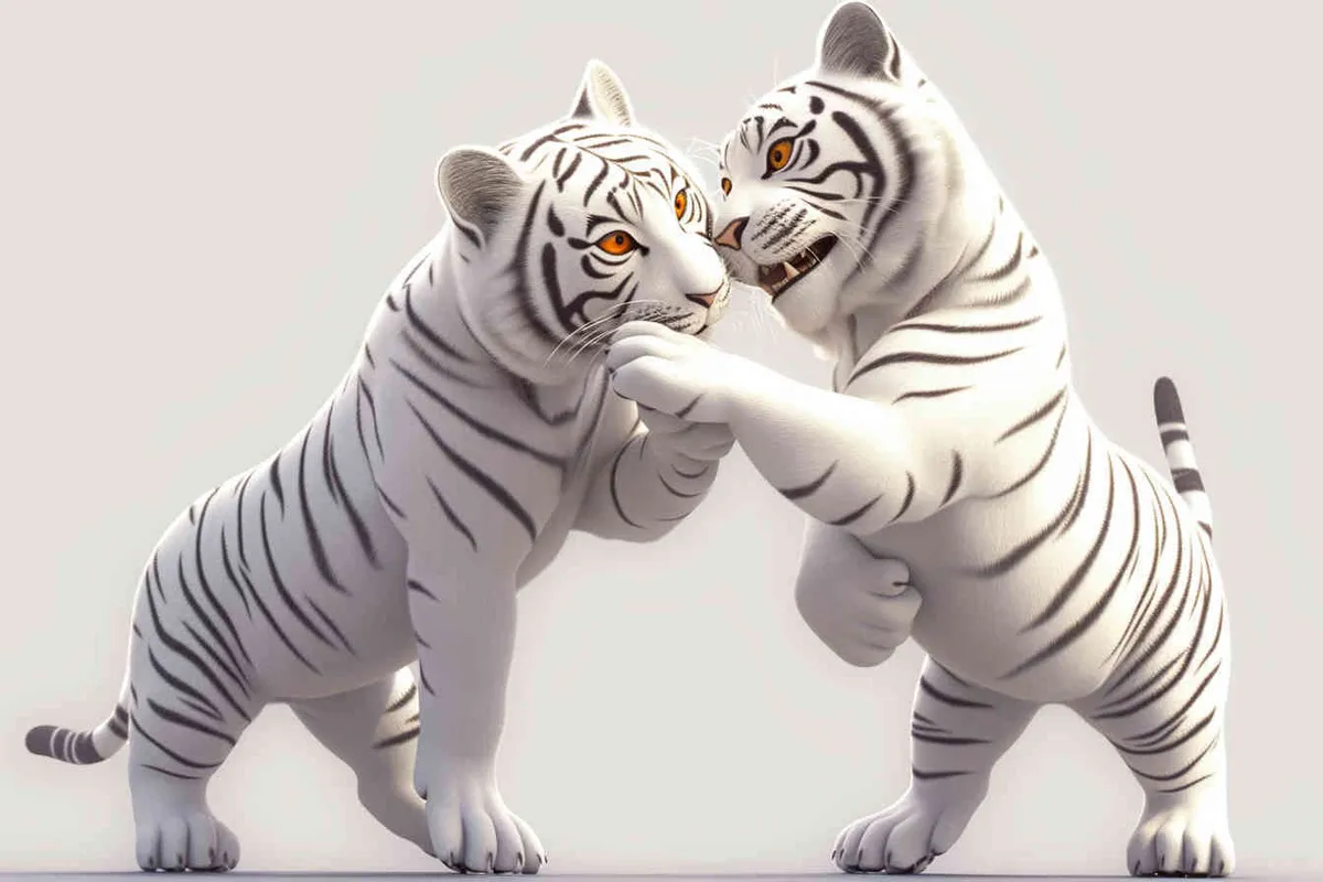 Two standing white tigers, one male tiger and one female tiger, The male tiger extends its paws to touch the female tiger's belly, while the female tiger lifts both hands up, white background, natural light, 8K, best picture quality, super detail, 3D, C4D, Blender, OC renderer, ultra-high definition, 3D rendering - style2部分