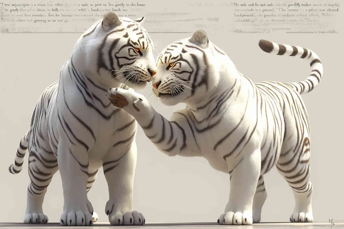 Two standing white tigers, one male tiger and one female tiger, The male tiger extends its paws to touch the female tiger's belly, while the female tiger lifts both hands up, white background, natural light, 8K, best picture quality, super detail, 3D, C4D, Blender, OC renderer, ultra-high definition, 3D rendering  - style1部分