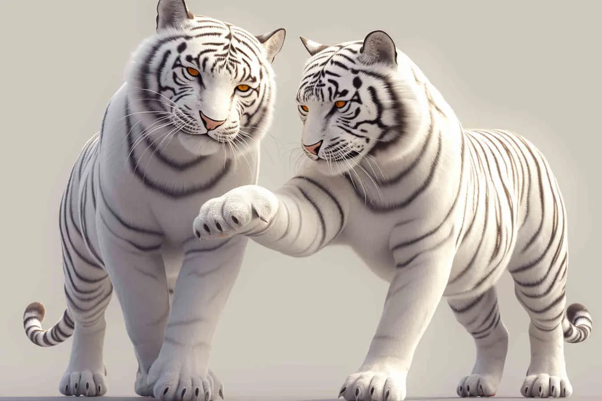 Two standing white tigers, one male tiger and one female tiger, The male tiger extends its paws to touch the female tiger's belly, while the female tiger lifts both hands up, white background, natural light, 8K, best picture quality, super detail, 3D, C4D, Blender, OC renderer, ultra-high definition, 3D rendering  - style3部分